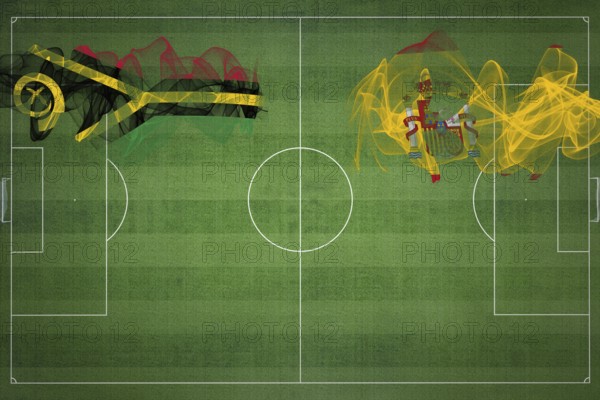 Vanuatu vs Spain Soccer Match, national colors, national flags, soccer field, football game, Competition concept, Copy space
