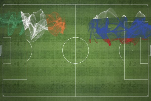 Ireland vs Russia Soccer Match, national colors, national flags, soccer field, football game, Competition concept, Copy space