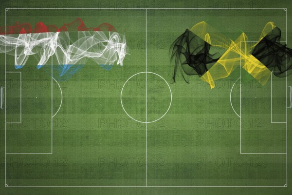 Luxembourg vs Jamaica Soccer Match, national colors, national flags, soccer field, football game, Competition concept, Copy space