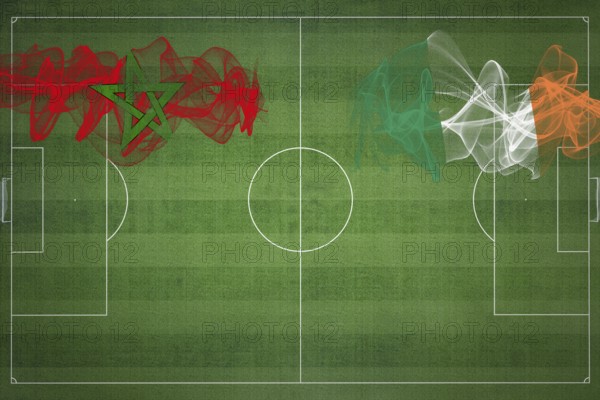 Morocco vs Ireland Soccer Match, national colors, national flags, soccer field, football game, Competition concept, Copy space
