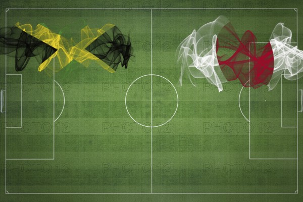 Jamaica vs Japan Soccer Match, national colors, national flags, soccer field, football game, Competition concept, Copy space