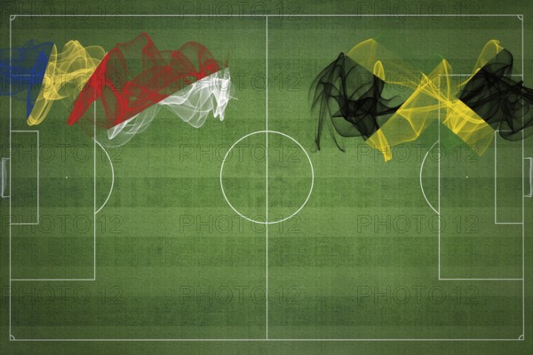 Seychelles vs Jamaica Soccer Match, national colors, national flags, soccer field, football game, Competition concept, Copy space