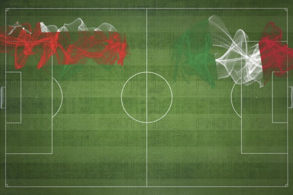Oman vs Italy Soccer Match, national colors, national flags, soccer field, football game, Competition concept, Copy space