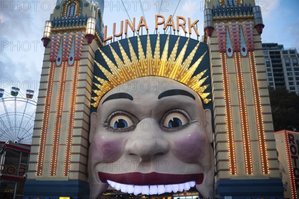 22.09.2019, Sydney, New South Wales, Australia, View of the grimacing entrance to Luna Park amusement park at Milsons Point