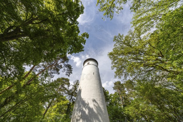 A white observation tower in a park, surrounded by green trees and a small seating area in summer, Aachtobel, Hohenbodman, Owingen, Lake Constance district, Baden-Württemberg, Germany