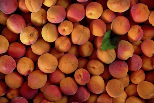 Top down view, pile of apricots, and one green leaf, Liptovsky Hradok, Slovakia