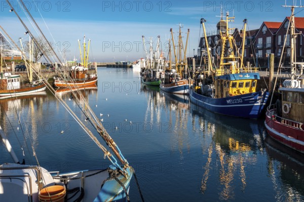 The harbour of Neuharlingersiel, East Frisia, Lower Saxony, fishing boats, fishing cutter, monument, Neuharlingersiel, Lower Saxony, Federal Republic of Germany