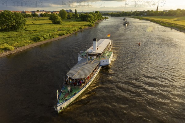 Riverboat shuffle at the Dixiland Festival with the steamboats of the Saxon Steamship Company on the Elbe. Paddle steamer Leipzig, Dresden, Saxony, Germany
