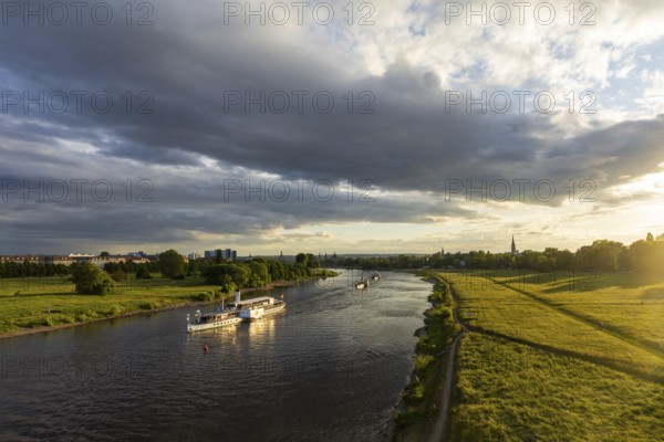 Riverboat shuffle at the Dixiland Festival with the steamboats of the Saxon Steamship Company on the Elbe. Paddle steamer Leipzig, Dresden, Saxony, Germany