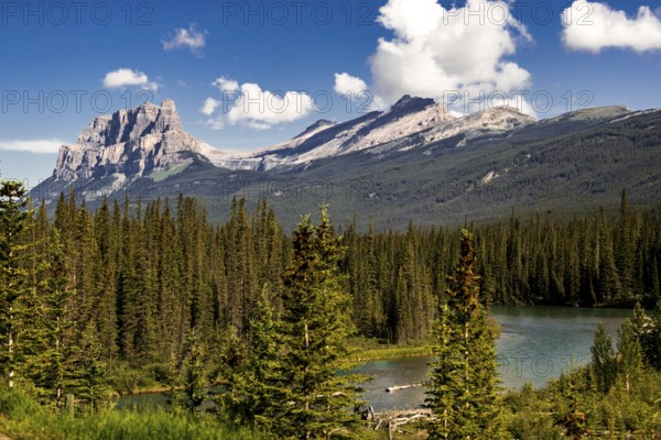 The Canadian Rocky Mountains along the stretch of the Trans Canada Highway in Alberta, Canada, North America