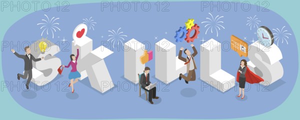 3D Isometric Flat Illustration of Skills Banner, Essential Knowledge And Understanding For Successful Operations In Business