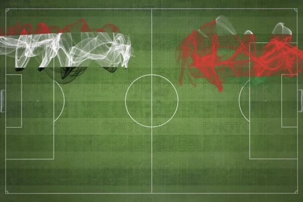 Yemen vs Oman Soccer Match, national colors, national flags, soccer field, football game, Competition concept, Copy space