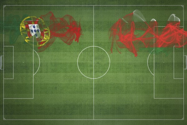 Portugal vs Oman Soccer Match, national colors, national flags, soccer field, football game, Competition concept, Copy space