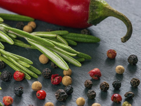 Herbs and spices over slate background. Top view or flat lay. Food background