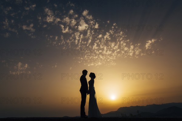 Silhouette of the newlyweds against the sky at sunset. Wedding in Montenegro. Silhouette of a couple. Silhouette of the bride and groom
