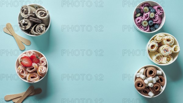 Rolled ice creams in cone cups on blue background. Different iced rolls top view or flat lay. Thai style rolled ice cream with copy space in center for text or design. Banner