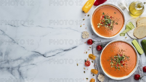 Gaspacho soup on white marble tabletop. Two bowls of traditional spanish cold soup puree gaspacho or gazpacho on light gray marble background.Copy space for text or design.Top view or flat lay.Banner