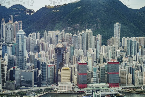 Hong Kong skyline visible from the observatory of Sky100. Shooting Location: Hong Kong Special Administrative Region