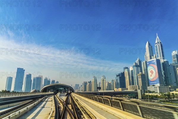 UAE Dubai skyline visible from the Dubai Metro. Shooting Location: Dubai