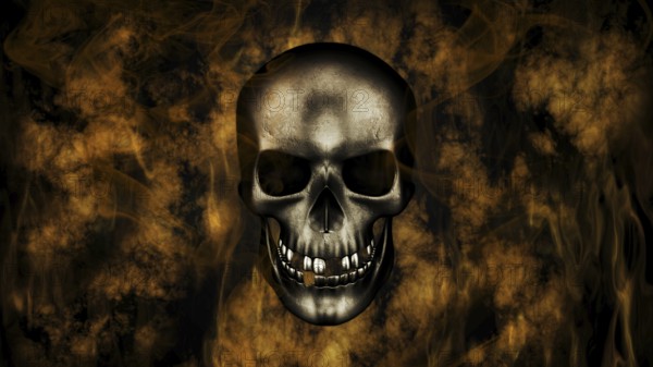 Happy Halloween. Human Skull With Smoke And Fire 3D Rendering
