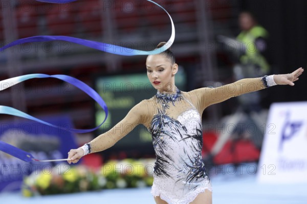 Sofia, Bulgaria - 6 May, 2017: Anastasiya Serdyukova from Uzbekistan performs during Rhythmic Gymnastics World Cup Sofia 2017. Individual tournament