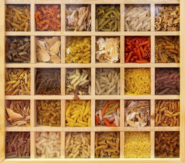 30 types of Italian pasta collection. Various colors of pasta viewed from above. Top view