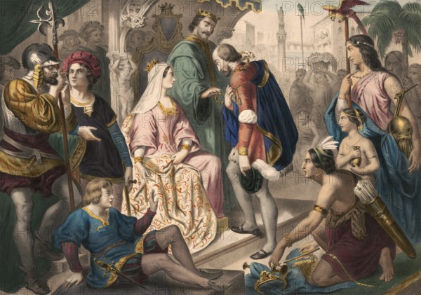 Christopher Columbus standing before King Ferdinand and Queen Isabella on his return to Spain, digitally optimized