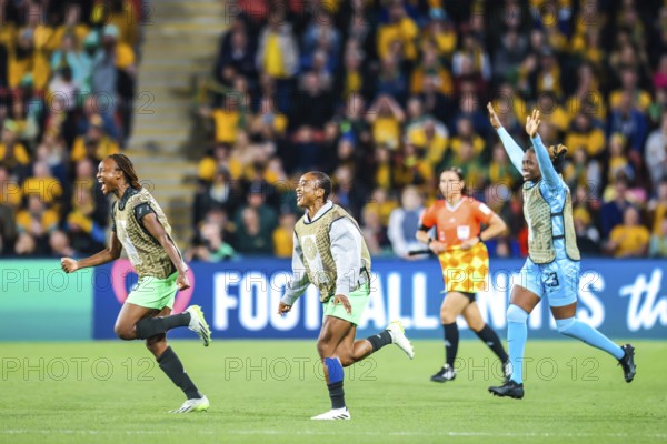 BRISBANE, AUSTRALIA, JULY 27: Nigeria team celebrate beating Australia at the FIFA Women's World Cup Australia New Zealand 2023 at Brisbane Stadium on July 27, 2023
