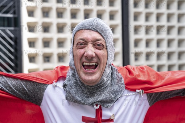 14.07.2024, Berlin, Germany, Europe, Portrait of a fan of the English national football team wearing a knight costume on Breitscheidplatz in Berlin-Charlottenburg in front of the final against Spain during the European Football Championship UEFA EURO 2024