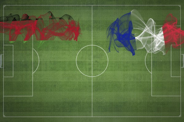 Malawi vs France Soccer Match, national colors, national flags, soccer field, football game, Competition concept, Copy space