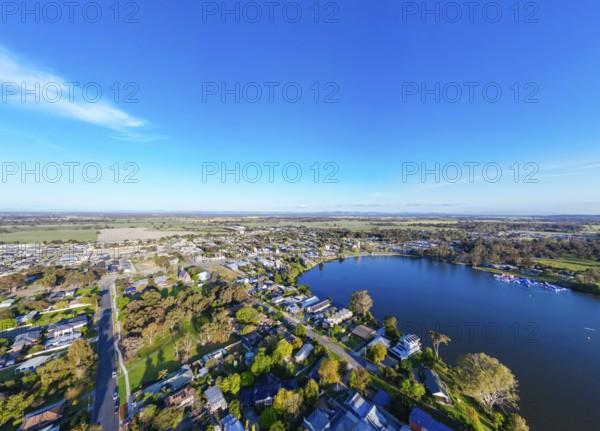 NAGAMBIE, AUSTRALIA, SEPTEMBER 25 2023: Late spring afternoon aerial views of Nagambie township and Lake Nagambie in Goulburn Valley, Victoria, Australia