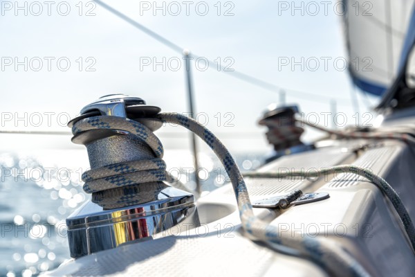 Winch on the deck of a sailing yacht