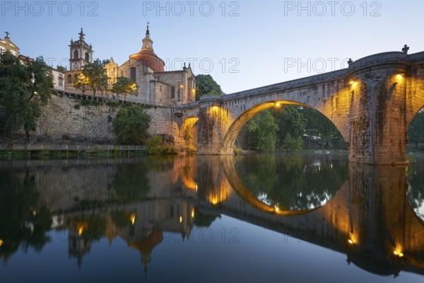 Amarante church view with Sao Goncalo bridge at sunset, in Portugal