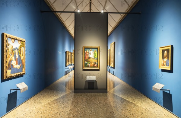 Milan, Italy, 23 September 2023: Brera antique painting museum interior. Vintage art exibition, elegant indoor, nobody