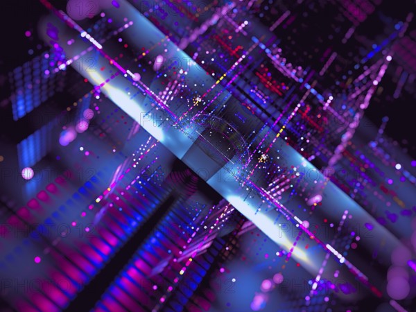 Technology blur - background with perspective effect. Abstract computer-generated 3d illustration. Fractal art: inclined plane with cells, bokeh and light effects. For banners, covers, backdrops