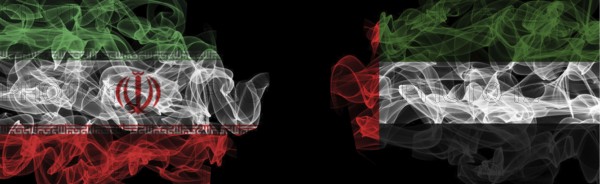 Flags of Iran and UAE on Black background, Iran vs United Arab Emirates Smoke Flags