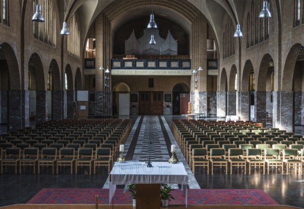 Jette, Brussels Capital Region, Belgium, 10 10 2019 Modern Gothic interior design of the Our Lady of Lourdes Roman Catholic church of Jette