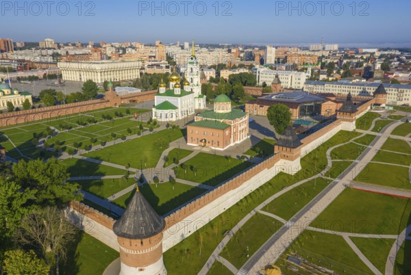 Aerial view of Tula Kremlin and Epiphany Cathedral, city downtow