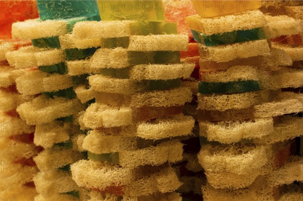 Various isolated homemade bar soaps. Handmade colorful soap, spa bath products for body spa skin care. Hygiene toiletries