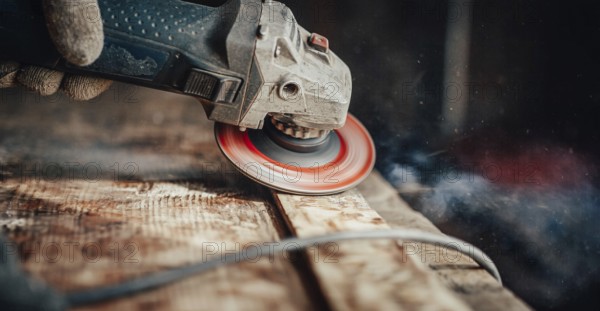 A grinder on wood creating dust and spirals, focused and dynamic