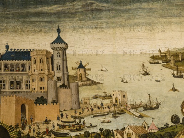 Port of Palma, detail. Saint George and the dragon. (1468-1470) Pere Niçard. Oil and tempera on panel.Diocesan museum (Museu diocesà) . Historical center.Palma.Mallorca.Baleares.Spain