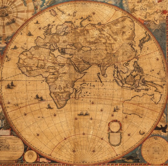 Genova, Italy, 8 August 2023: Spinola Palace. Authentic antique map shows the world known to Europeans in the mid 17-th Century. Exploration, geography, vintage background