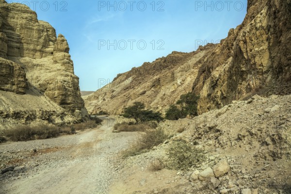 Misty winter day over the Dead Sea. Judean desert. Ancient ruined mountains of solid limestone. Dirt road through the canyon. Israel