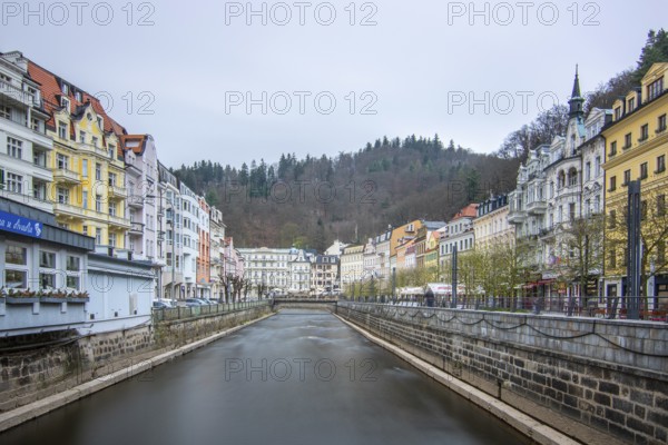 Cityscape in winter. Cityscape with historic buildings in an old town from the Baroque period. Cityscape Karlovy Vary, Czech Republic