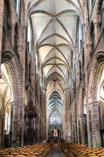 Dol-de-Bretagne, France, July 25, 2018: Interior view of the Cathedral of Saint Samson. The building is notable for its eclectic mix of styles