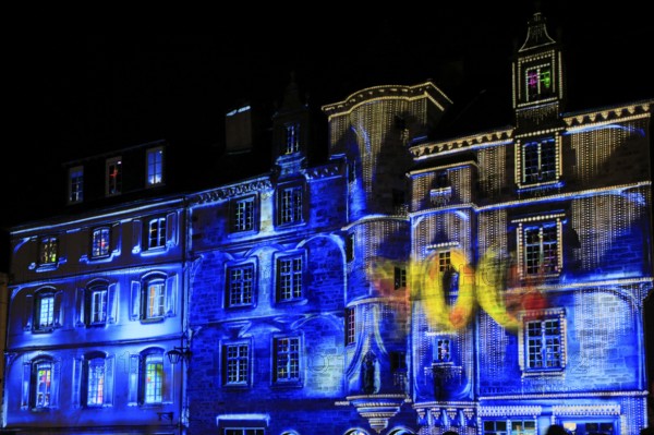 Projections on the façade of the Maison de la Duchesse Anne, light show at the turn of the year in the old town centre of Landerneau, Finistere Penn-ar-Bed department, Bretagne Breizh region, France
