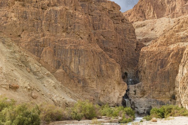 Cascading waterfall in a narrow gorge. The Judean Desert around the Dead Sea after heavy winter rains. Israel, winter cloudy day