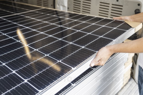 Solar panels inside a van, Llucmajor, Majorca, Balearic Islands, Spain