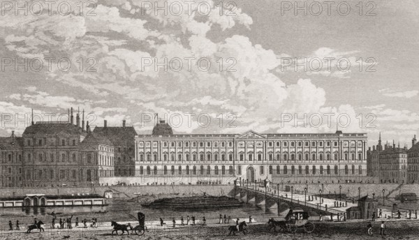 The Louvre Museum, Paris, antique steel engraved print, 1831