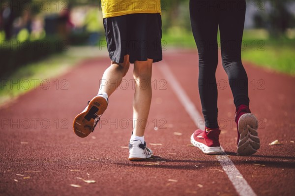 Close-up of the legs in trainers of two children on the running track in the stadium, back view. Boy and girl running on red jogging track in park. Schoolchildren in physical education running around the stadium